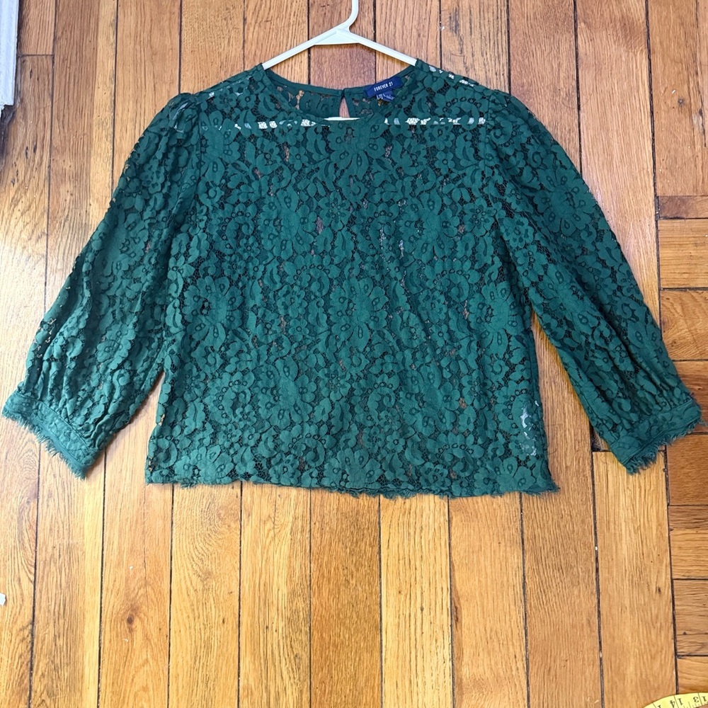 Forever 21 Emerald Green Lace Blouse 3/4 Balloon Sleeve Top